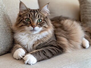 Beautiful fluffy cat with green eyes relaxing on a cozy sofa, showcasing its soft fur and playful demeanor in a home setting