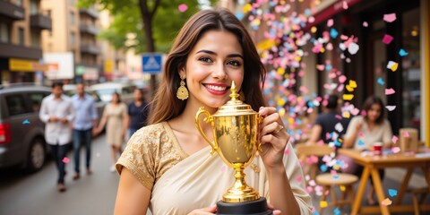 Triumphant woman in a beautiful sari, holding a golden trophy, amidst celebratory confetti. A moment of pure joy and success!