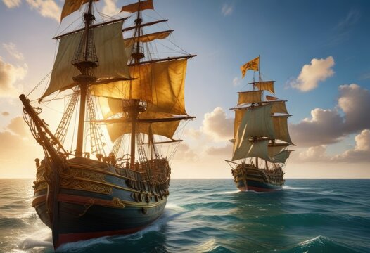 Un cielo dorado y tranquillo se extiende sobre un gran barco pirata a punto de pasear en un d?a soleado, calm water, nautical