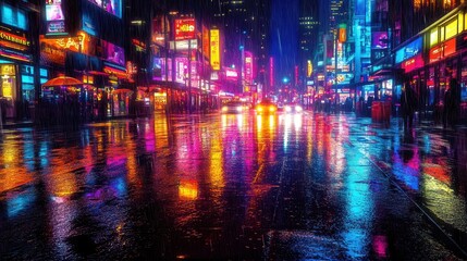 Obraz premium A neon-lit metropolis drenched in heavy rain, lightning striking in the distance, reflections of vibrant lights on the wet pavement, cyberpunk mood