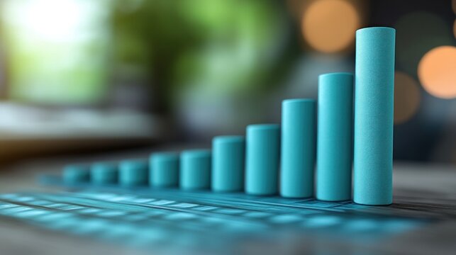 Ascending teal bar graph on data chart showing business growth. - Powered by Adobe