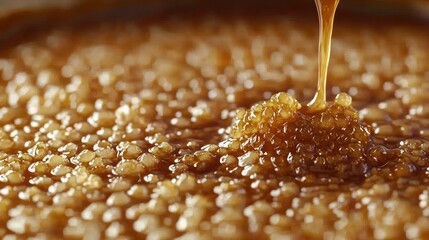 Close-up of syrup pouring over small grains in a bowl