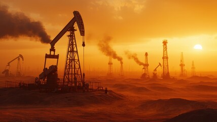 Oil pumps silhouette at sunset in desert landscape Energy industry production
