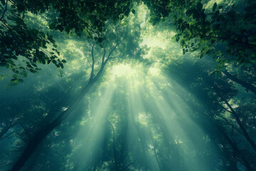 Obraz premium Sunlight pierces through dense foliage, illuminating a path to serenity. It symbolizes hope, guidance, and the beauty found in nature's embrace.