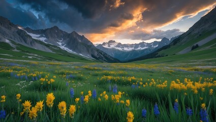 Vibrant Alpine Meadow With Colorful Wildflowers Under Dramatic Sunset Sky In Majestic Mountain Landscape