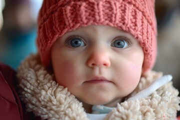 Close up portrait of a cute baby girl wearing a warm winter hat and clothes, her rosy cheeks glowing
