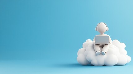 Person Sitting on Cloud with Laptop and Headphones in Blue Sky
