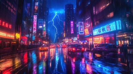Fototapeta premium A panoramic view of a modern city under a massive thunderstorm, electric blue lightning illuminating the skyline, rain-soaked streets reflecting neon lights, extreme weather conditions