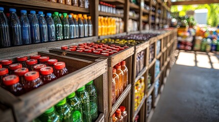 Wooden shelves stocked with colorful drinks and beverages in a rustic store. Sunny outdoor setting