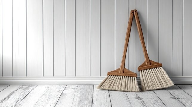 Wooden brooms leaning against a white plank wall, home cleaning - Powered by Adobe