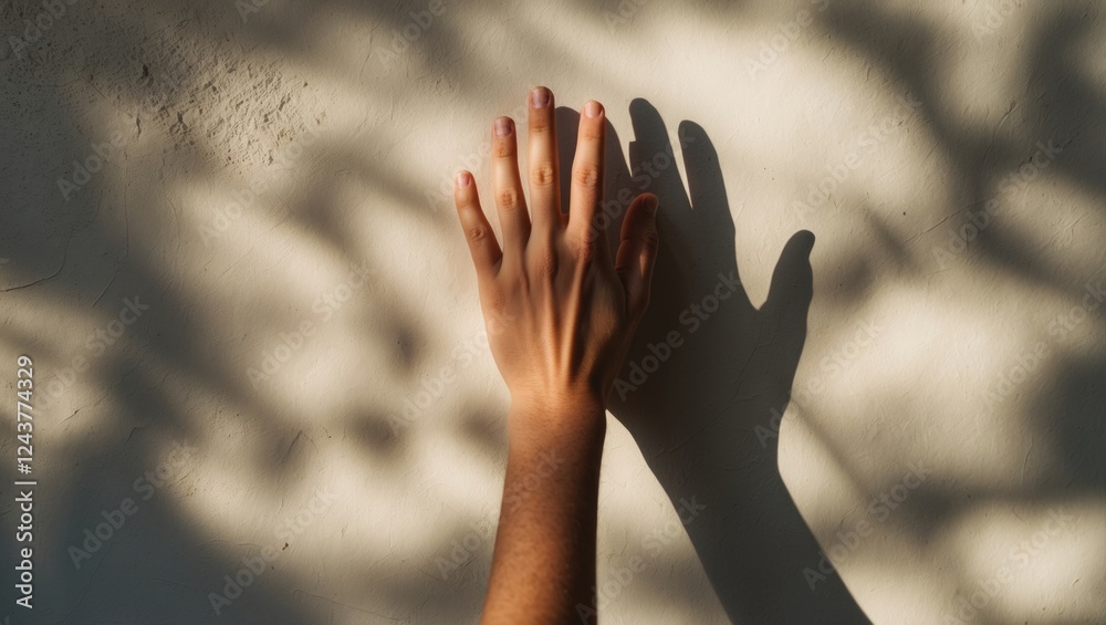 Poster hand shadow cast on a textured wall showcasing intricate light patterns and an artistic interplay be