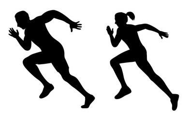 Running man and woman, young athletes run in a race, running people silhouettes