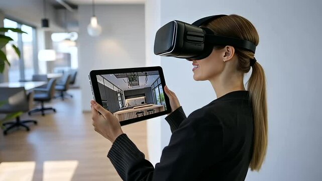 A person wearing virtual reality goggles sits in a cozy home office, holding a tablet that displays a D rendering of their dream kitchen renovation.