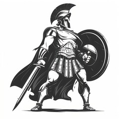 Powerful Spartan Warrior Holding Sword and Shield Illustration Ancient Greek Soldier in Armor