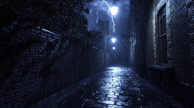 A quiet back alley in a city, flickering streetlights, rain pouring down, occasional lightning flashes casting eerie shadows, mysterious and cinematic