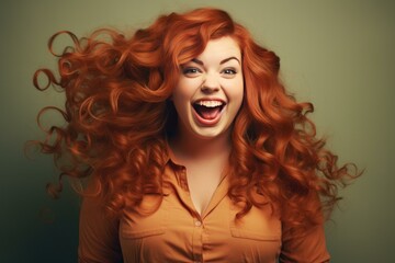 Fototapeta premium Studio portrait of cheerful redhead woman with flowing hair, expressing joy and excitement