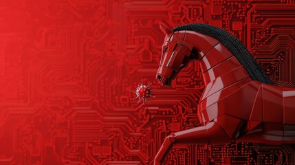 Red Trojan Horse on Red Circuit Background Representing Cybersecurity Threat