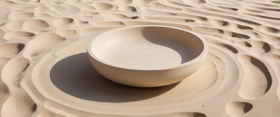 A shallow, round, beige bowl sits on a textured sand surface. The sand has wavy patterns, and the bowl casts a shadow