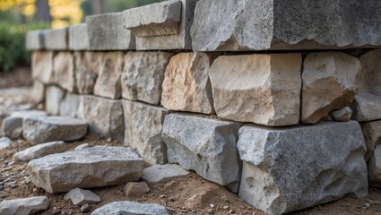 Solid stone foundation with textured blocks, showcasing durability and craftsmanship in outdoor construction and landscaping.
