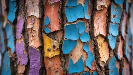 Vibrant multicolored bark texture on a tree showcasing unique patterns and colors ideal for design and nature-themed projects.