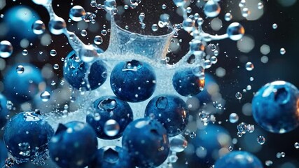 Blueberries splashing in water, dark background, food photography