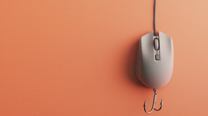 Computer Mouse Hanging from a Fishing Hook on an Orange Background