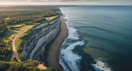 Aerial View of Coastal Cliff Overlooking the Sea with Lush Parkland and Empty Space for Text Above the Shoreline