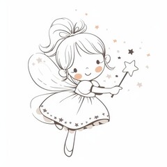 Fototapeta premium Adorable Fairy Girl with Wings Flying and Holding a Magic Wand Cute Cartoon Illustration
