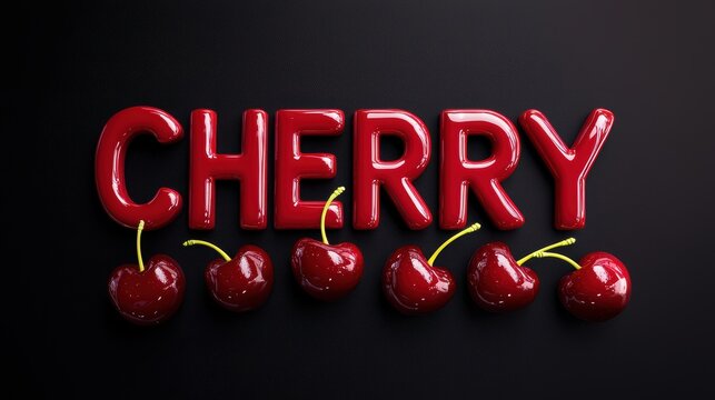 Glossy Red Cherry Text with Fresh Cherries on Dark Background