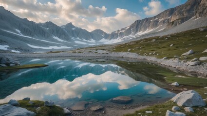 Fototapeta premium Serene Alpine Landscape Featuring Reflective Lake Surrounded by Majestic Mountains Under a Dramatic Sky