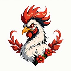 Fierce rooster head with red mohawk crest and floral elements, perfect for mascot, gaming logo, or t-shirt design. Isolated illustration on white background ready for creative projects.