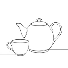 Obraz premium A black line drawing of a teapot and a cup in black and white illustration.