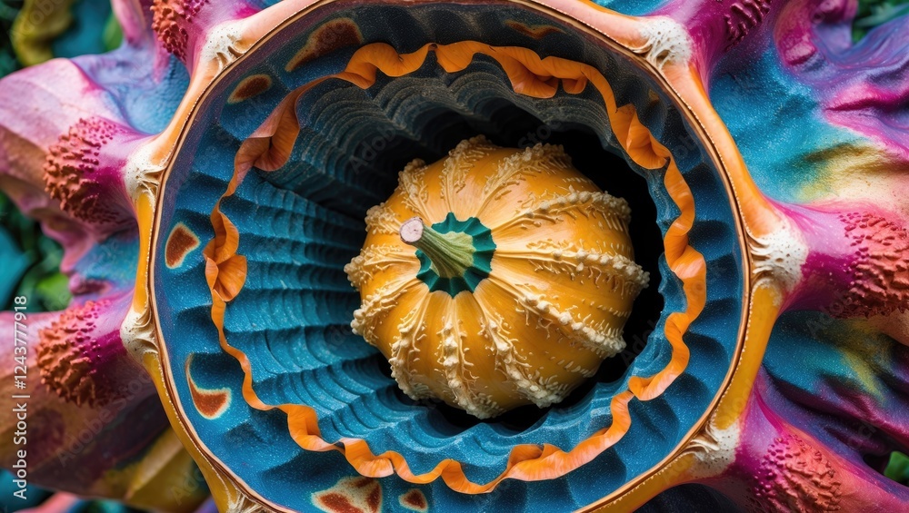 Poster vibrant abstract gourd with intricate patterns and textures creating a mesmerizing portal-like effec