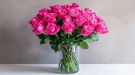 Fototapeta premium Vibrant Pink Roses in a Glass Vase: A Bouquet of Beauty