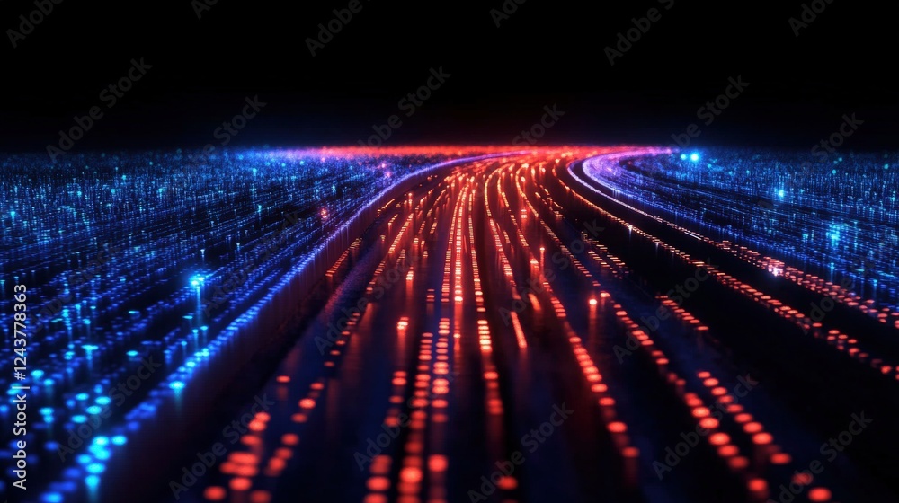 Fototapete Abstract Representation of Data Flow and Streaming with Colorful Binary Patterns in Dark Space