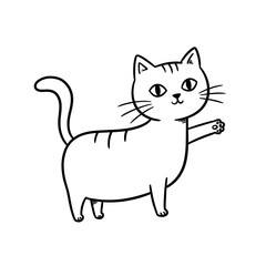 Obraz premium A black line drawing of a cat waving in black and white illustration.
