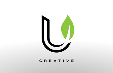 Letter U logo design with green leaf made of black lines vector