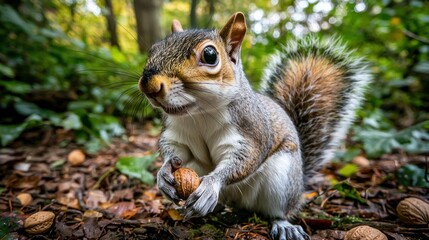Obraz premium A time-lapse video of a hyperactive squirrel collecting nuts in a busy forest
