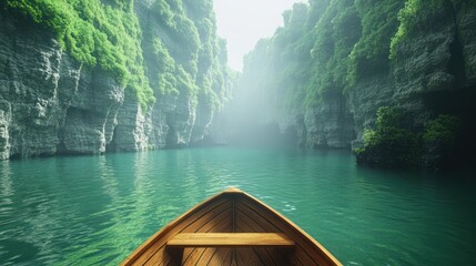 Fototapeta premium Rowboat navigating misty canyon river