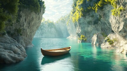 Fototapeta na wymiar Calm lake canyon boat serenity nature travel escape