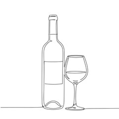 A black line drawing of a wine glass and a bottle of wine, black and white illustration.