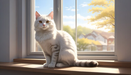 Peaceful White Cat with Grey Markings Observing Through Window Against Autumn Suburban Scene