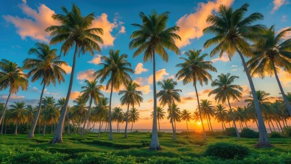 Tropical Sunset Over Lush Palm Trees Under a Blue Sky Ideal for Summer Vacation Themes and Relaxation Imagery