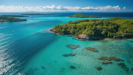 Fototapeta premium Aerial View of Turquoise Waters and Lush Tropical Islands in Serene Summer Landscape