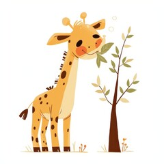 Fototapeta premium Adorable Baby Giraffe Eating Leaves from a Tree in a Meadow Illustration