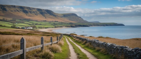 Scenic Aberlady Bay pathway with coastline views showcasing natural beauty and empty space for text overlay. Perfect for travel and nature themes.