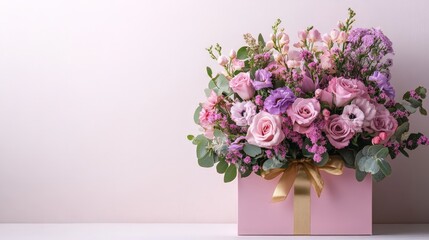 Fototapeta premium A luxury floral arrangement in a pink gift box, featuring elegant roses and decorative ribbons. Perfect for weddings, anniversaries, and Valentine's Day gifting.