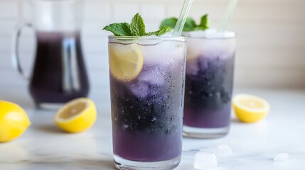 Butterfly Pea Blue Tea with flowers and milk. A glass of a cold summer drink. Caffeine free drink. Healthy food concept