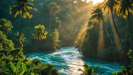 Scenic Tropical Forest Landscape with Jungle River and Sunlight Glimmering Through Lush Green Trees in Morning Serenity