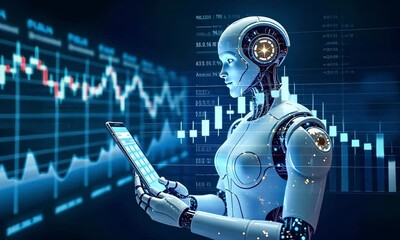 AI-Driven Cryptocurrency Trading Bot Analyzing Financial Data in Futuristic Visualization